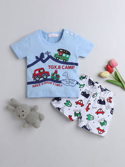 Hopscotch - Boys Blue Vehicle Print T-Shirts and Shorts