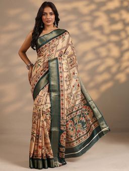 Libas - Women Green-Beige Floral Printed Silk Blend Saree with Unstitched Blouse