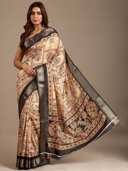 Libas - Women Black-Beige Floral Printed Silk Blend Saree with Unstitched Blouse