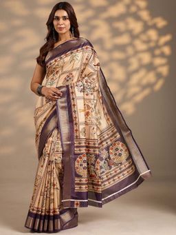 Libas - Women Purple-Beige Floral Printed Silk Blend Saree with Unstitched Blouse