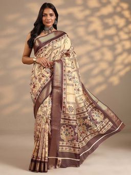 Libas - Women Brown-Beige Floral Printed Silk Blend Saree with Unstitched Blouse