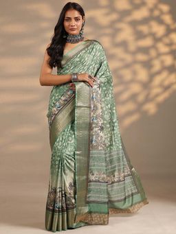 Libas - Women Green Floral Printed Silk Blend Saree with Unstitched Blouse
