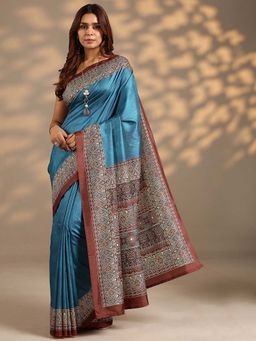 Libas - Women Blue Printed Silk Blend Saree with Unstitched Blouse