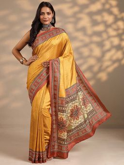Libas - Women Mustard Printed Silk Blend Saree with Unstitched Blouse