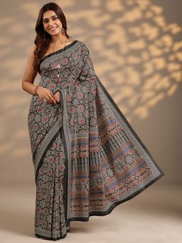 Libas - Women Black Floral Printed Silk Blend Saree with Unstitched Blouse