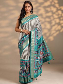 Libas - Women Grey-Sea Green Leheriya Printed Silk Blend Saree with Unstitched Blouse