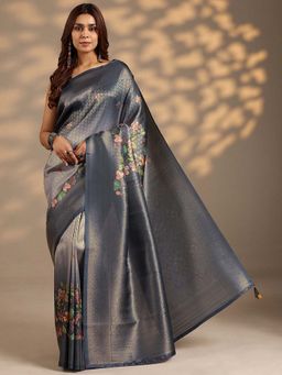Libas - Women Grey Floral Woven Design Silk Blend Saree with Unstitched Blouse