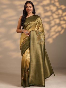 Libas - Women Mustard Floral Woven Design Silk Blend Saree with Unstitched Blouse