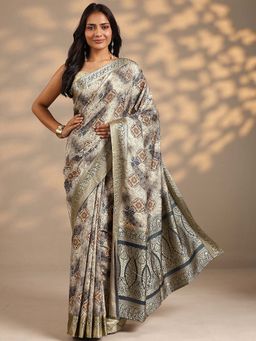 Libas - Women Grey Printed Woven Silk Blend Saree with Unstitched Blouse