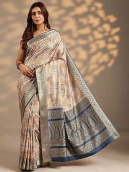 Libas - Women Beige Printed Woven Silk Blend Saree with Unstitched Blouse