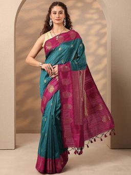 Libas - Women Teal Woven Design Silk Blend Saree with Unstitched Blouse