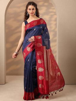 Libas - Women Navy Blue Woven Design Silk Blend Saree with Unstitched Blouse