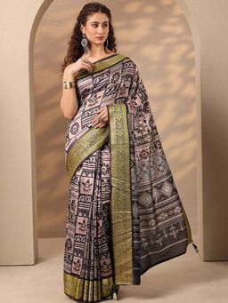 Libas - Women Grey Printed Woven Border Silk Blend Saree with Unstitched Blouse