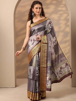 Libas - Women Multi-Color Floral Printed Woven Border Silk Blend Saree with Unstitched Blouse