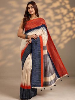 Libas - Women Navy Blue-Beige Handloom Silk Blend Saree with Unstitched Blouse