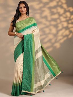 Libas - Women Green-Beige Handloom Silk Blend Saree with Unstitched Blouse