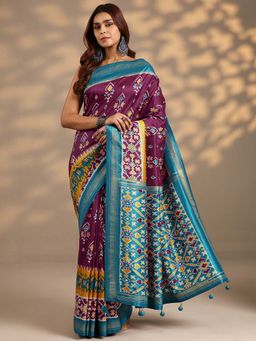Libas - Women Purple Patola Printed Silk Blend Saree with Unstitched Blouse