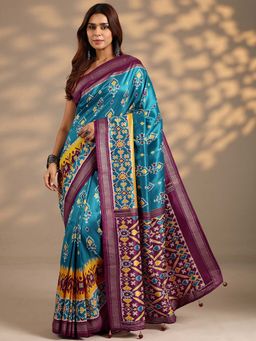 Libas - Women Blue Patola Printed Silk Blend Saree with Unstitched Blouse