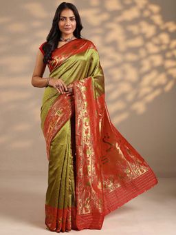 Libas - Women Olive Zari Woven Design Silk Blend Saree with Unstitched Blouse