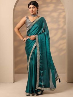 Libas - Women Teal Solid Sequined Silk Blend Saree with Unstitched Blouse