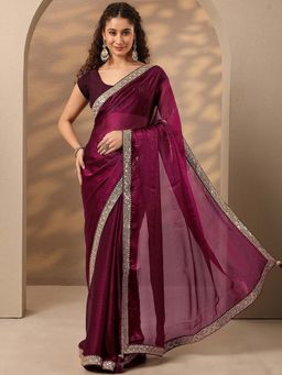 Libas - Women Burgundy Solid Sequined Silk Blend Saree with Unstitched Blouse