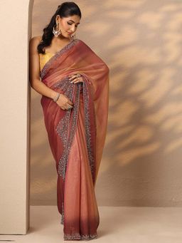 Libas - Women Peach Embellished Stone Work Silk Blend Saree with Unstitched Blouse