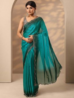 Libas - Women Teal Embellished Stone Work Silk Blend Saree with Unstitched Blouse