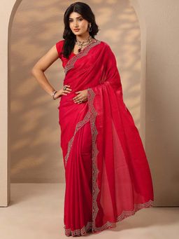 Libas - Women Red Embellished Stone Work Silk Blend Saree with Unstitched Blouse