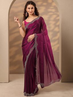 Libas - Women Wine Embellished Stone Work Silk Blend Saree with Unstitched Blouse