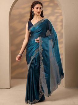 Libas - Women Teal Embellished Stone Work Silk Blend Saree with Unstitched Blouse