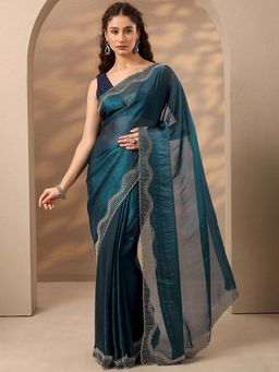 Libas - Women Teal Embellished Stone Work Silk Blend Saree with Unstitched Blouse