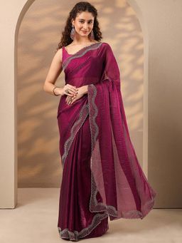 Libas - Women Wine Embellished Stone Work Silk Blend Saree with Unstitched Blouse