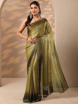 Libas - Women Olive Embellished Stone Work Silk Blend Saree with Unstitched Blouse