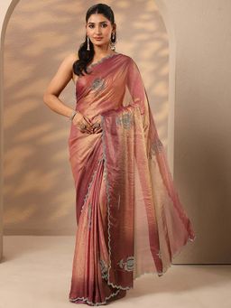 Libas - Women Peach Embellished Stone Work Silk Blend Saree with Unstitched Blouse