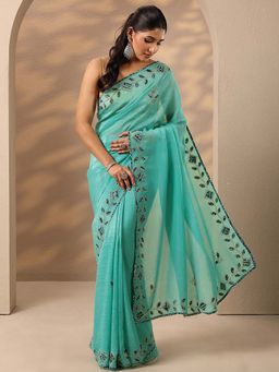 Libas - Women Sea Green Printed Embellished Stones Work Silk Blend Saree with Unstitched Blouse