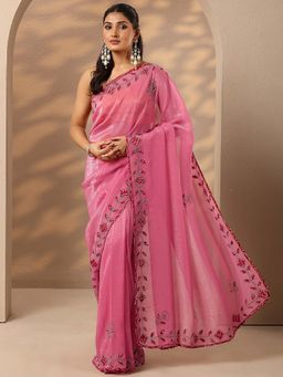Libas - Women Pink Printed Embellished Stones Work Silk Blend Saree with Unstitched Blouse