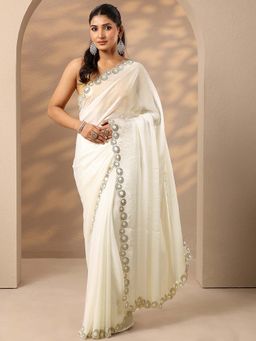 Libas - Women Off White Embellished Stone Work Silk Blend Saree with Unstitched Blouse