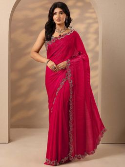 Libas - Women Fuchsia Pink Embellished Stone Work Silk Blend Saree with Unstitched Blouse