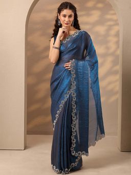 Libas - Women Navy Blue Embellished Stone Work Silk Blend Saree with Unstitched Blouse