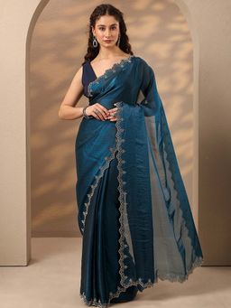 Libas - Women Teal Embellished Stone Work Silk Blend Saree with Unstitched Blouse