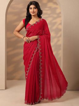 Libas - Women Red Embellished Stone Work Silk Blend Saree with Unstitched Blouse