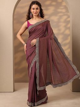 Libas - Women Maroon Embroidered Sequined Work Silk Blend Saree with Unstitched Blouse