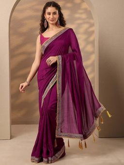 Libas - Women Wine Embroidered Sequined Work Silk Blend Saree with Unstitched Blouse