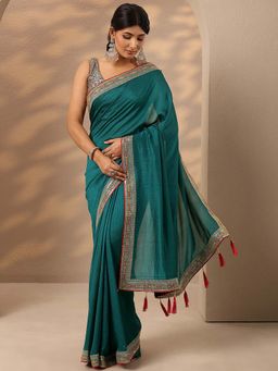 Libas - Women Teal Embroidered Sequined Work Silk Blend Saree with Unstitched Blouse