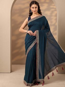 Libas - Women Navy Blue Embroidered Sequined Work Silk Blend Saree with Unstitched Blouse