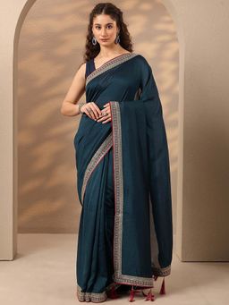 Libas - Women Navy Blue Embroidered Silk Blend Saree with Unstitched Blouse