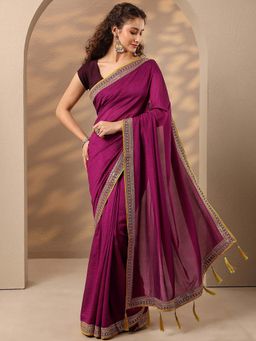 Libas - Women Wine Embroidered Silk Blend Saree with Unstitched Blouse