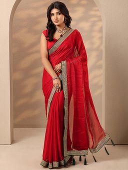 Libas - Women Red Embroidered Silk Blend Saree with Unstitched Blouse