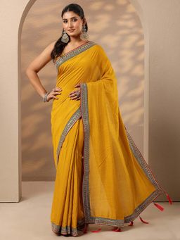 Libas - Women Yellow Embroidered Sequined Silk Blend Saree with Unstitched Blouse