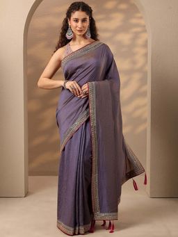 Libas - Women Lavender Embroidered Sequined Silk Blend Saree with Unstitched Blouse